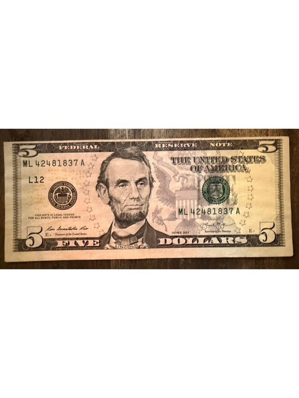 5 Dollar Bill Misaligned, Series 2013 ML 42481837 A